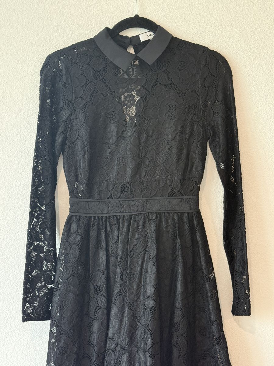 Likely Black Lace Long Sleeve Fit-and-Flare Dress with Colla