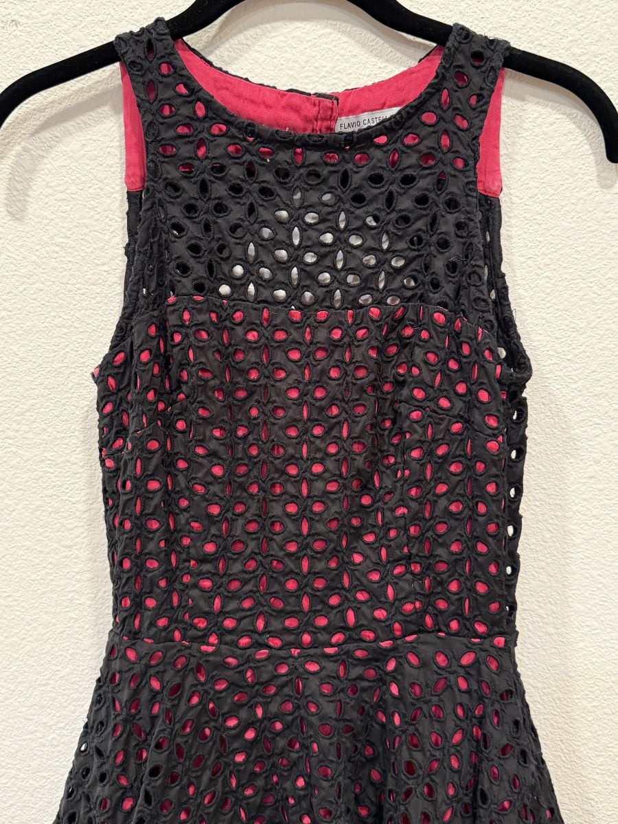 Black & Pink Eyelet Sleeveless Fit-and-Flare Dress