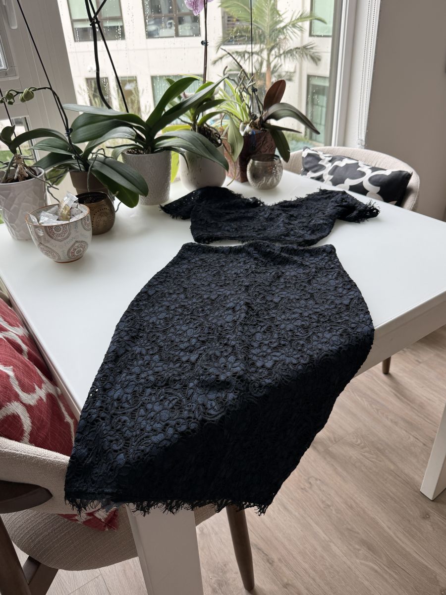 Bebe Black Lace Two-Piece Crop Top & High-Waisted Pencil Skirt Set – Size S