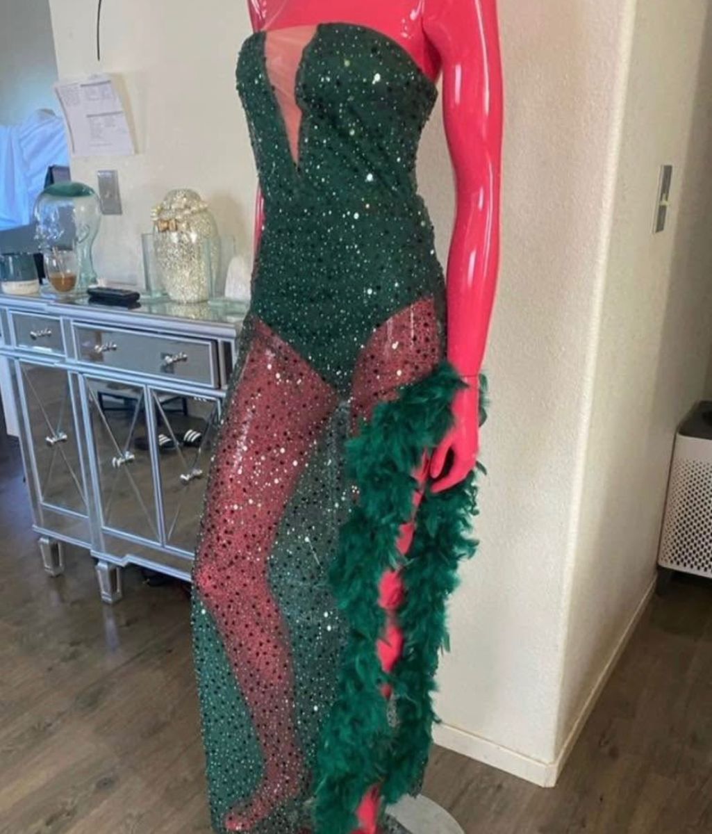 Emerald green sequin feathered dress 