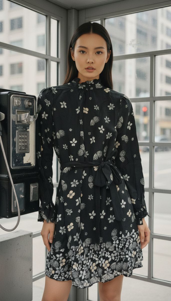 Black Floral Mini Dress with High Neck & Tie Detail (XS)