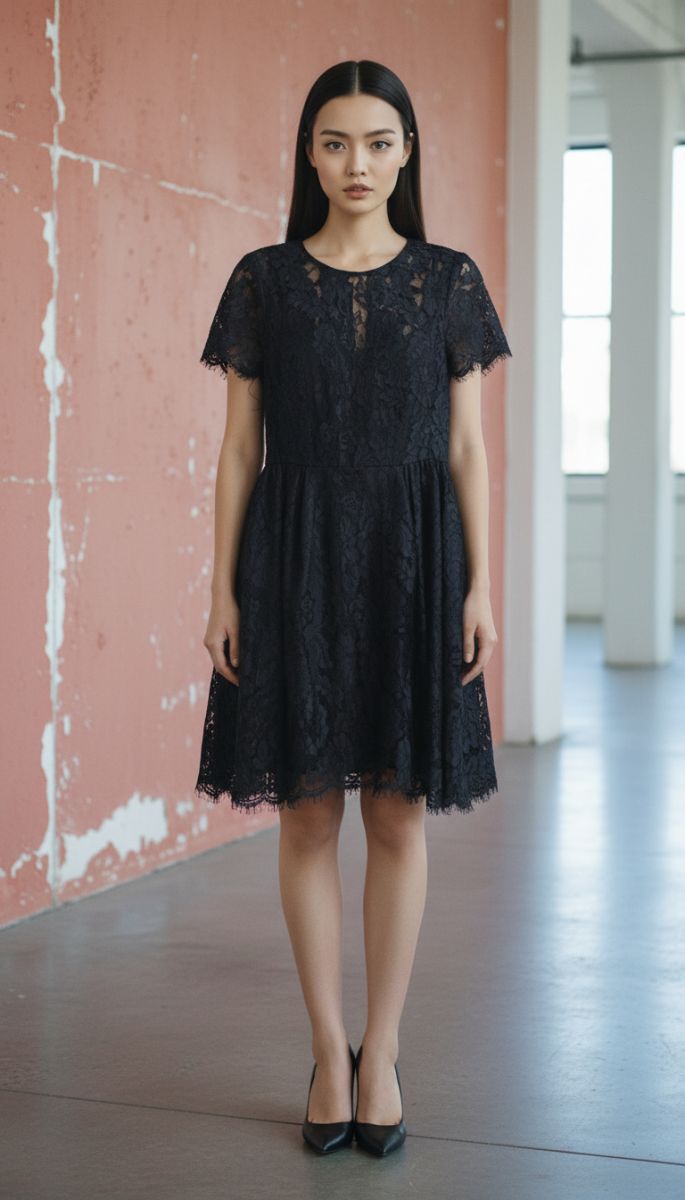 Title Cynthia Rowley Black Lace Fit & Flare Dress (Size M)