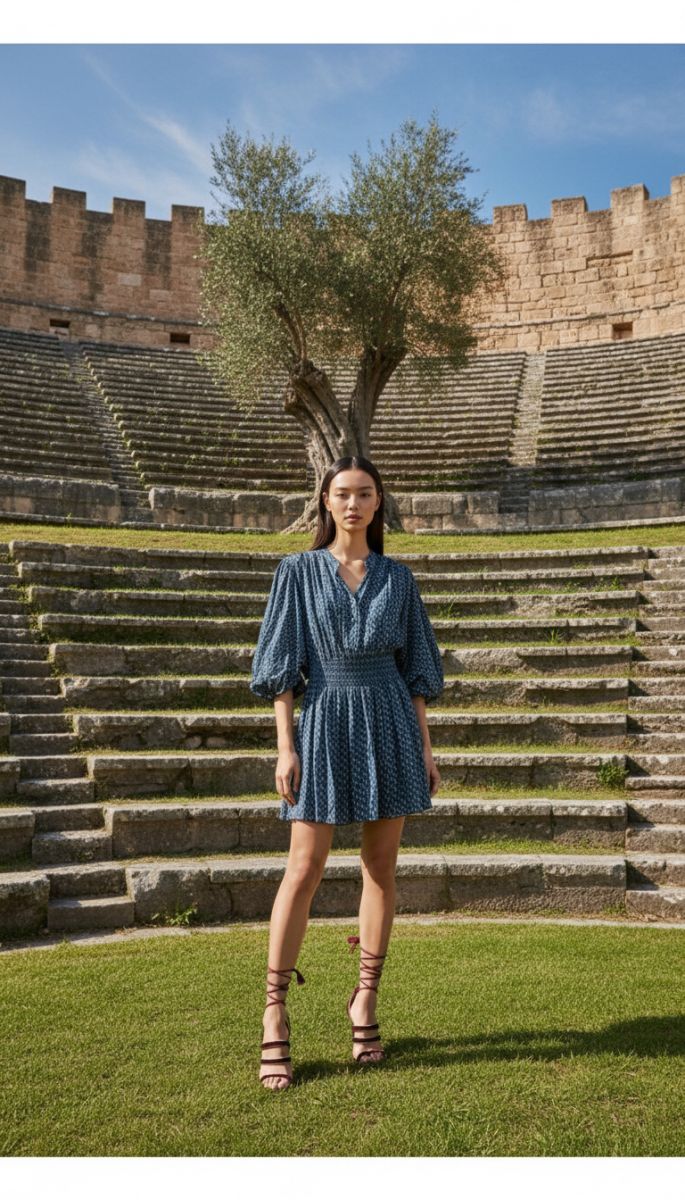 Rebecca Taylor blue mini dress with delicate print and smocked waist.
