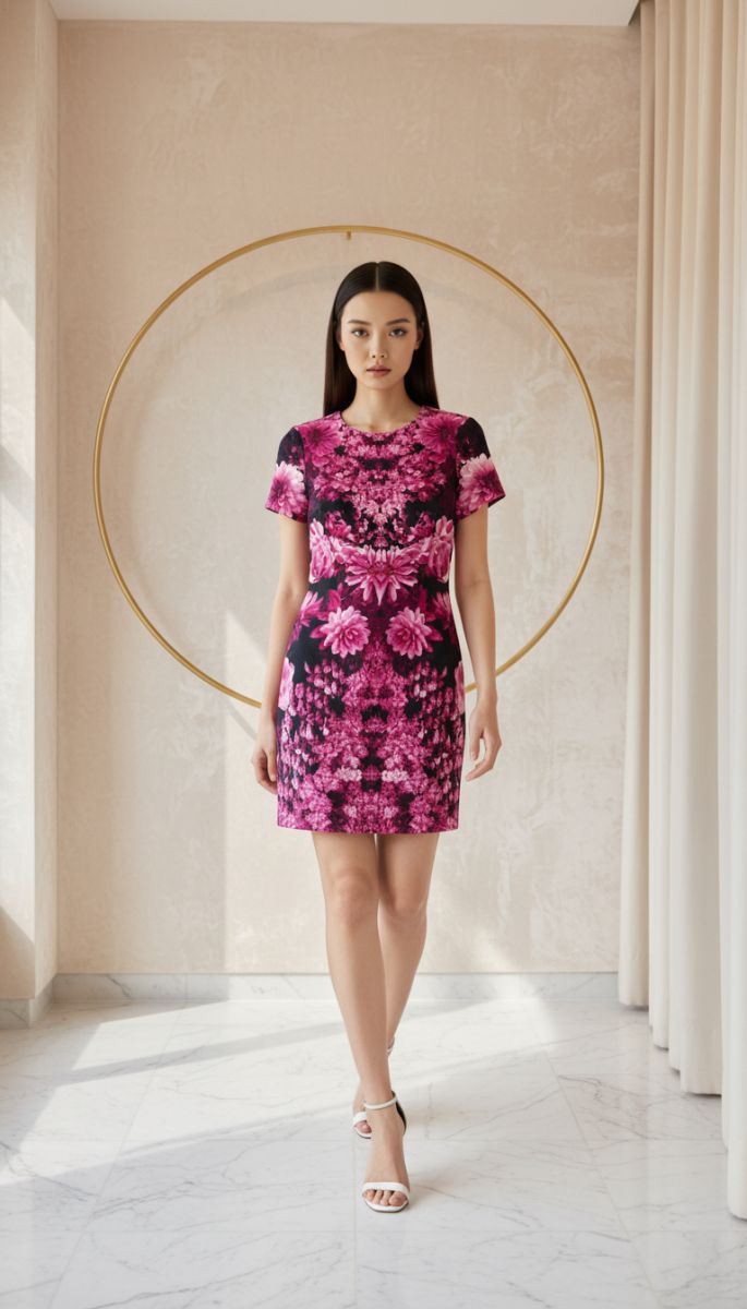 Michael Michael Kors pink floral mini dress with bold symmetrical print.