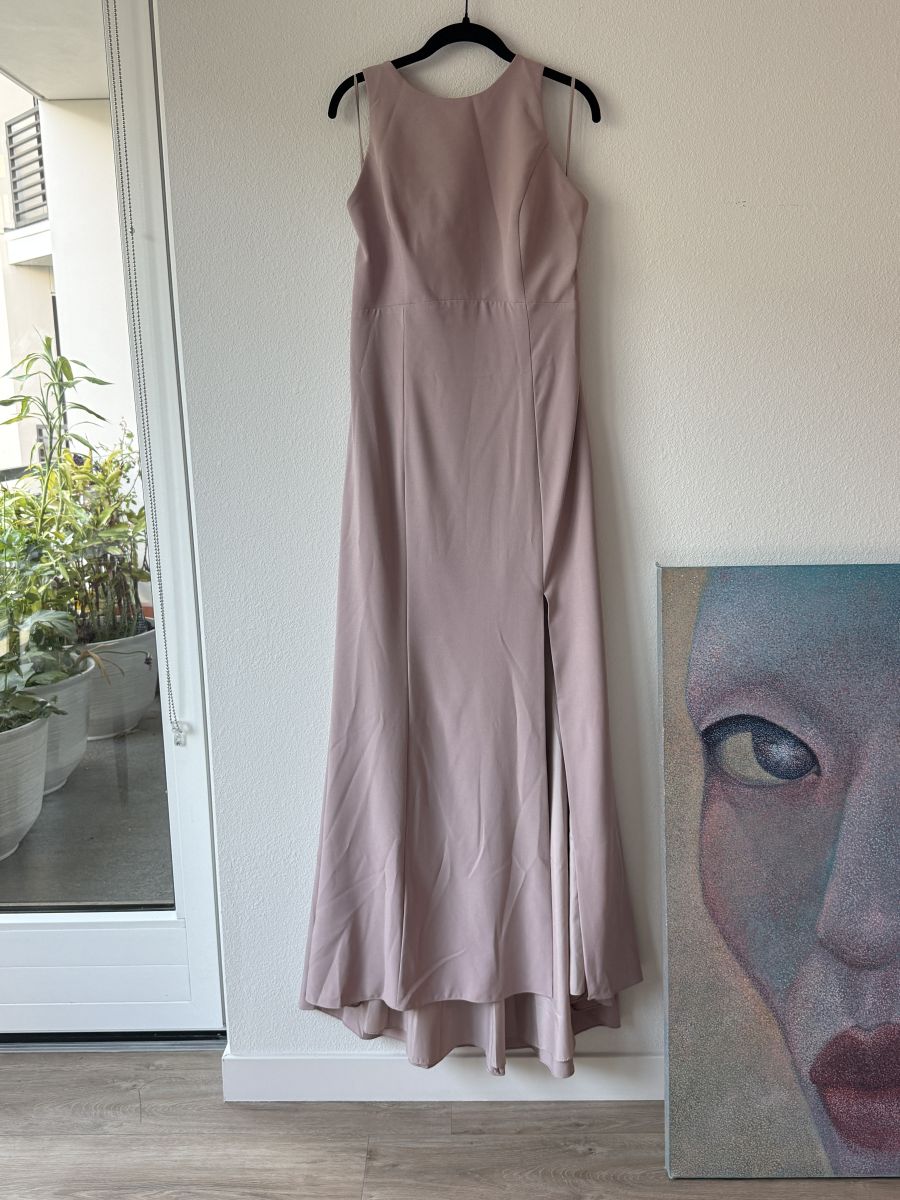AMSALE Blush Pink Midi Dress – Elegant A-Line, Size 14