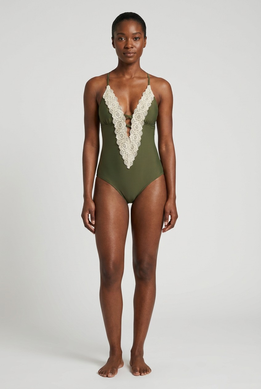 CUPSHE Olive Green Lace Trim One-Piece Swimsuit