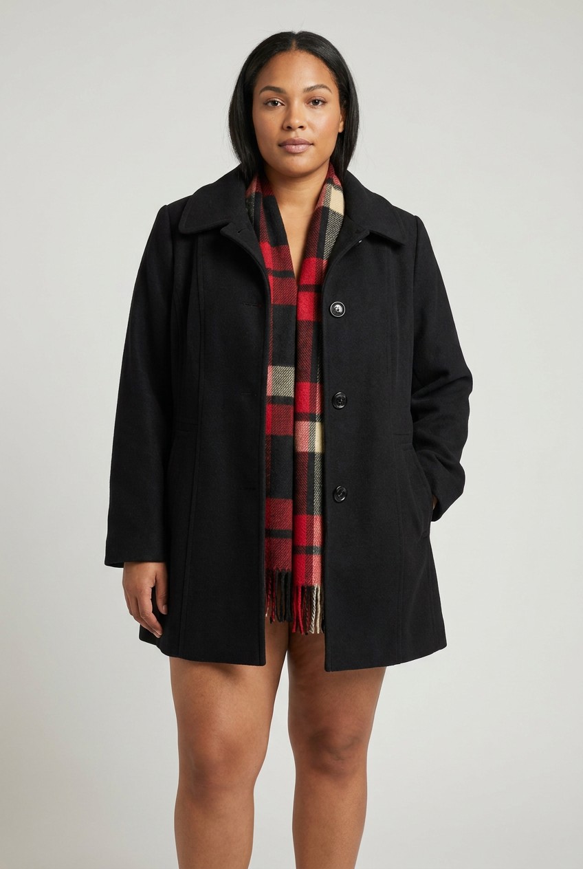 London Fog Black Wool Blend Coat with Red Plaid Scarf